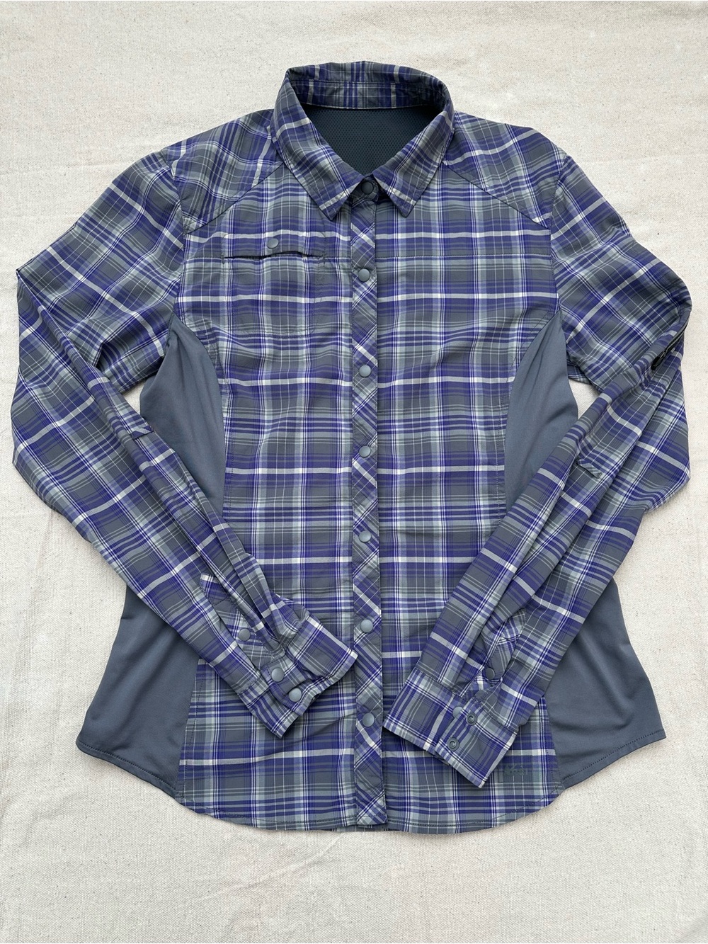 REI Co-op Women's Plaid Stretch Hiking Shirt Size S Purple Gray Snap Up Vent